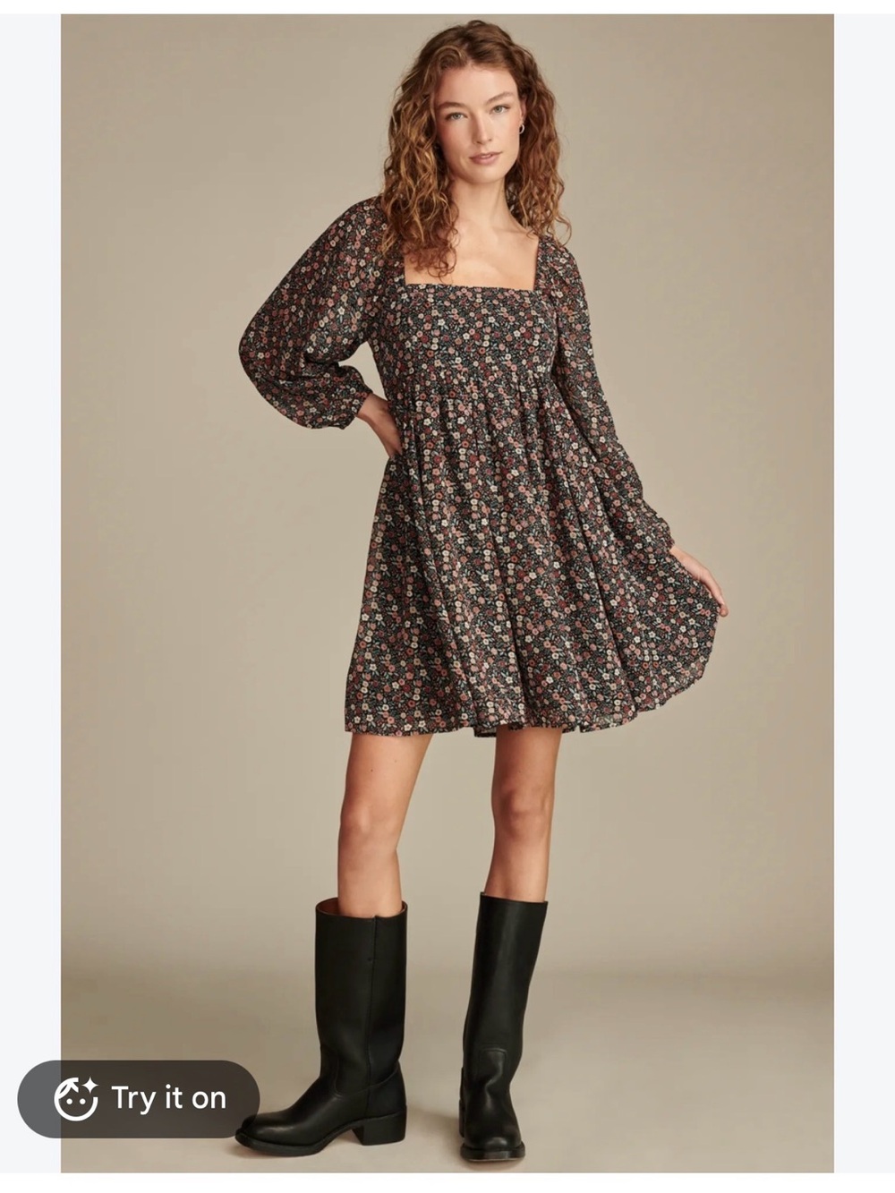 Square Neck Floral Mini Dress in Black